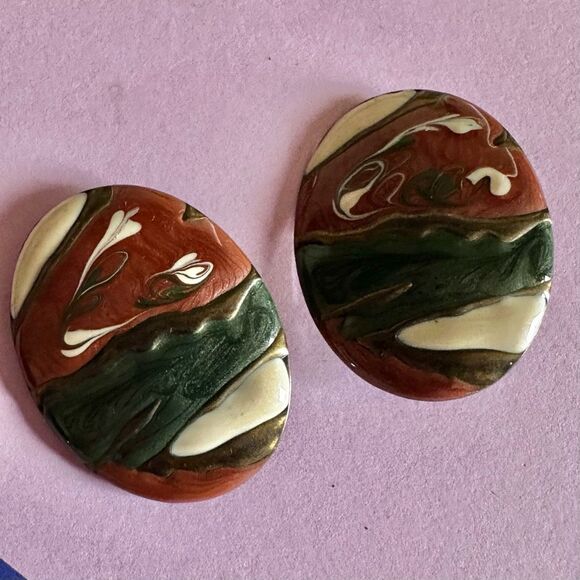 Vintage 80's Retro oval Painted Earrings - Picture 2 of 8